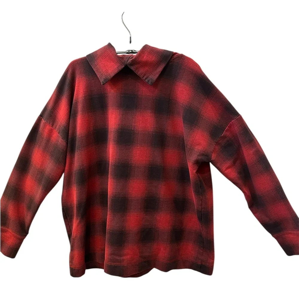 J JILL Drop Sleeve Stretchy Long Sleeve Loose Fit Buffalo Check Pullover Top